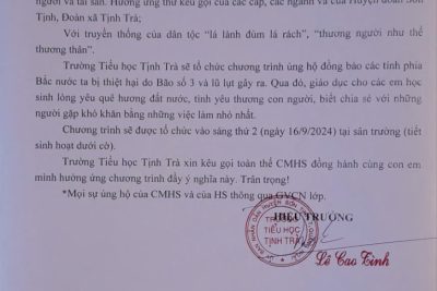Thư kêu gọi ủng hộ đồng bào các tỉnh phía Bắc bị thiệt hại do Bão, lũ gây ra
