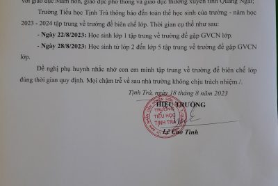 Thông báo thời gian học sinh tựu trường năm học 2023-2024